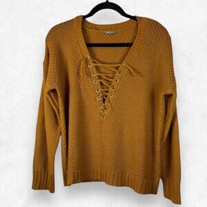 Charlotte Russe Women's L Mustard Yellow Lace Up Neckline Knitted Long Sleeve